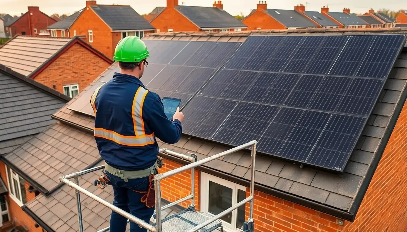 Solar installer reviewing an installation plan on a scaffold platform beside a partially fitted roof array
