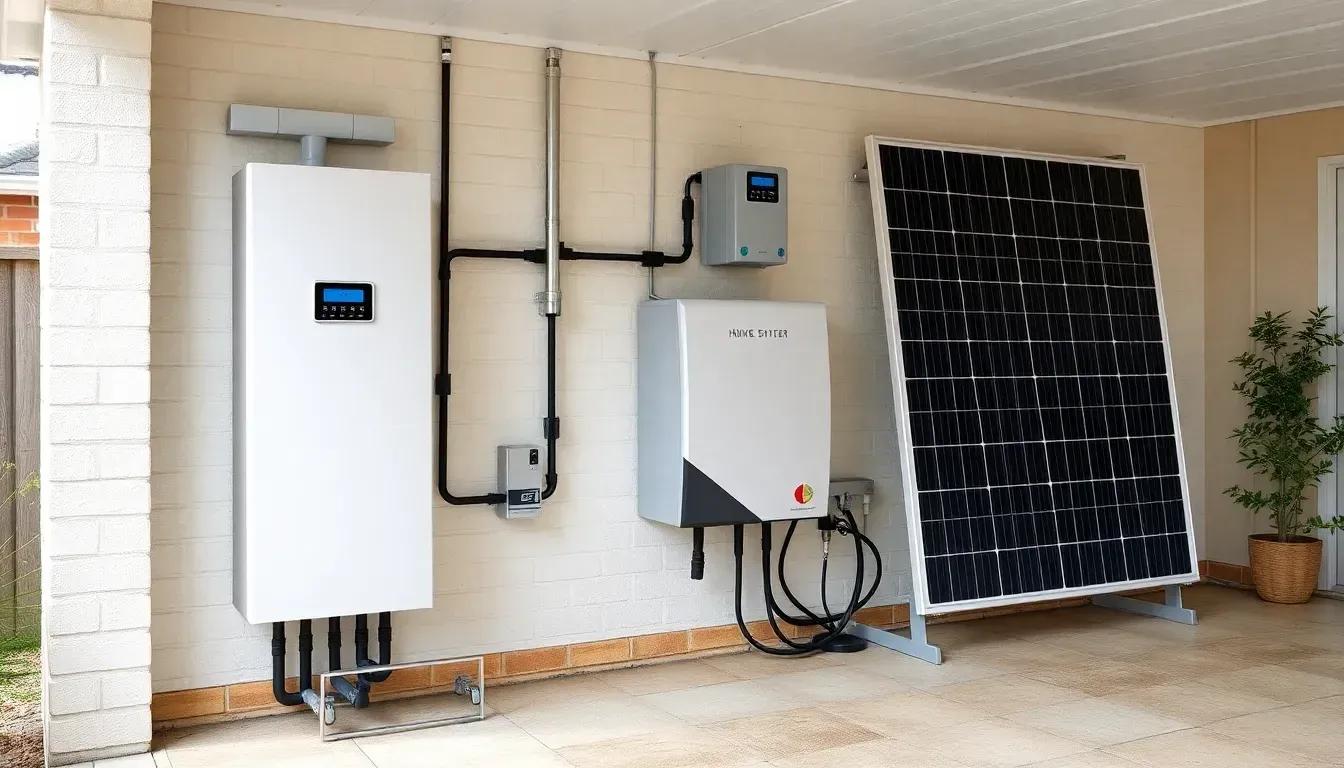 Home battery storage unit mounted on a garage wall next to a solar inverter, UK home