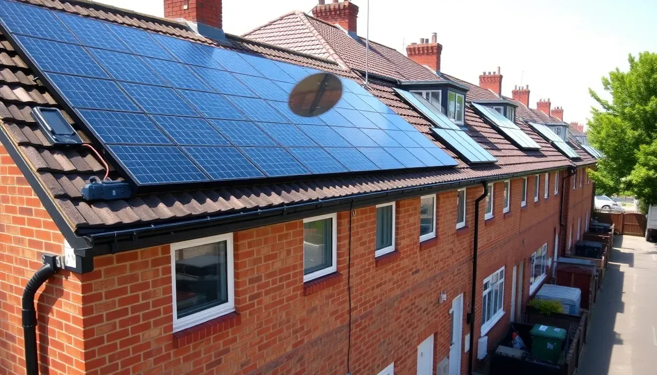 Rooftops with solar panels in Birmingham, near the Rotunda and Birmingham's suburban semis