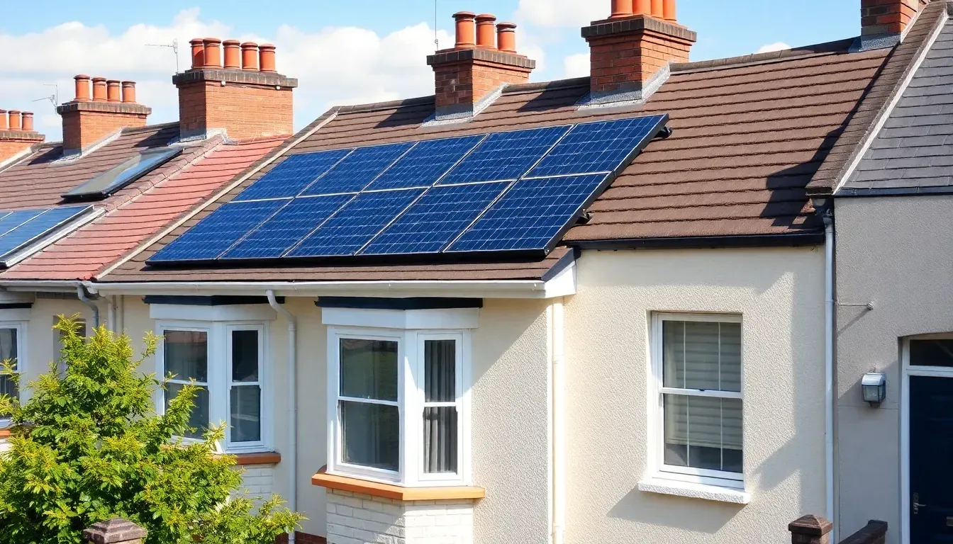 Rooftops with solar panels in Cardiff, near Cardiff Castle and Cardiff Bay