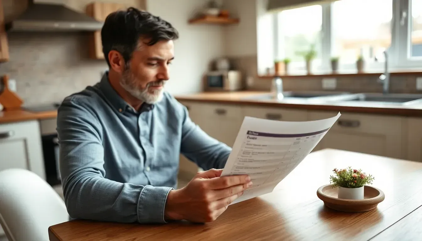 Homeowner reviewing a solar quote document at a kitchen table with a calculator, UK home