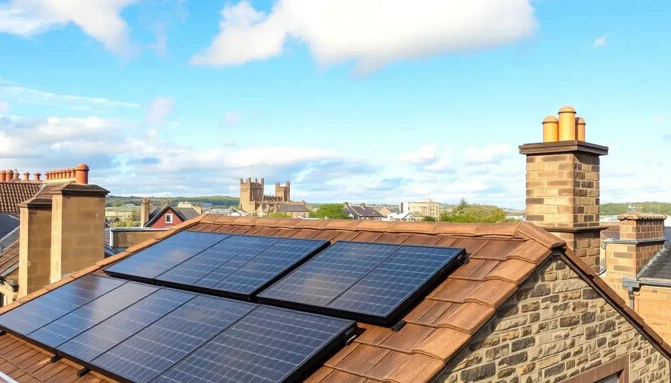 Rooftops with solar panels in Edinburgh, near Edinburgh Castle and the tenement rooftops of the Old Town