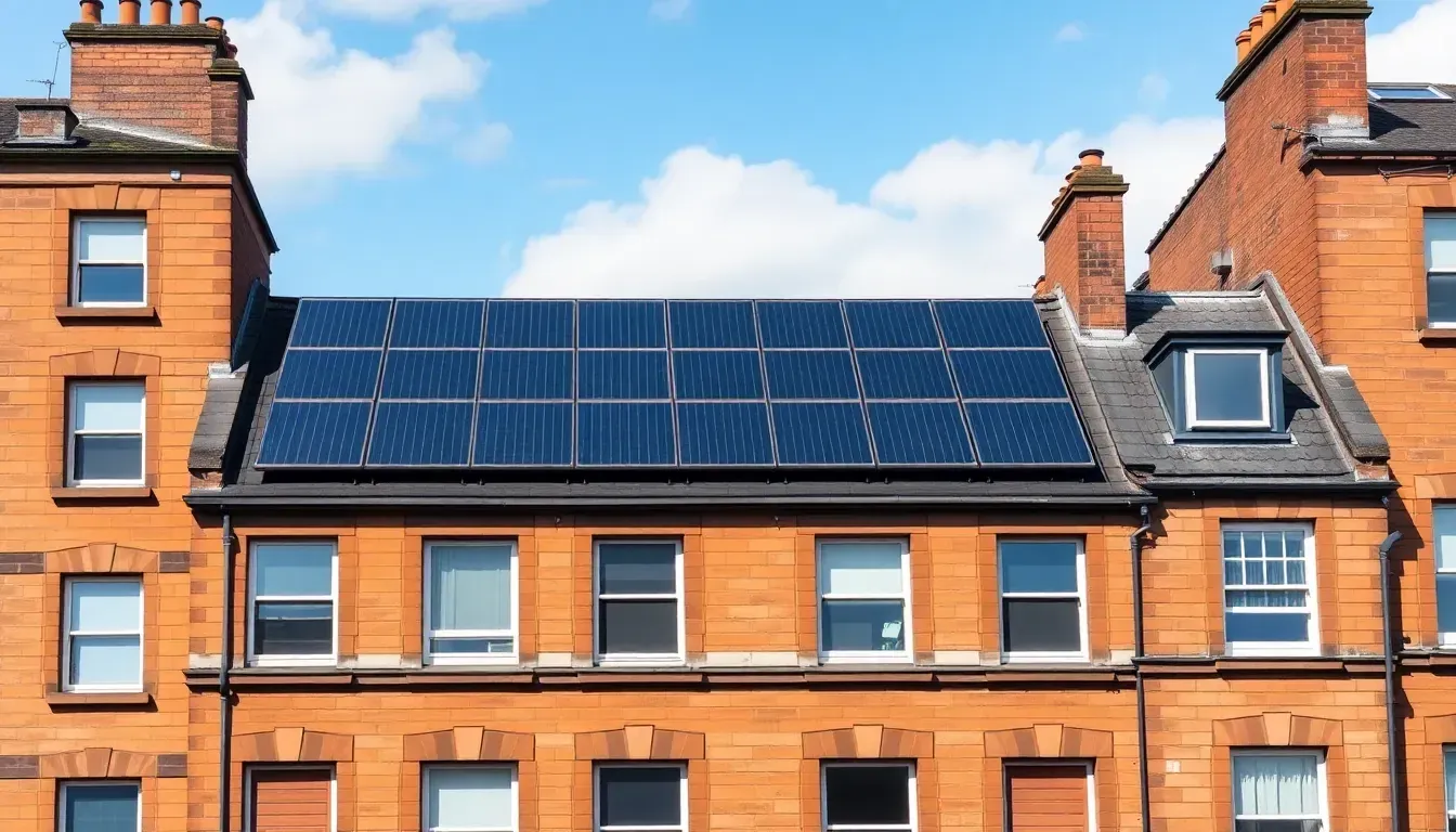 Rooftops with solar panels in Glasgow, near Kelvingrove and the tenements along the Clyde