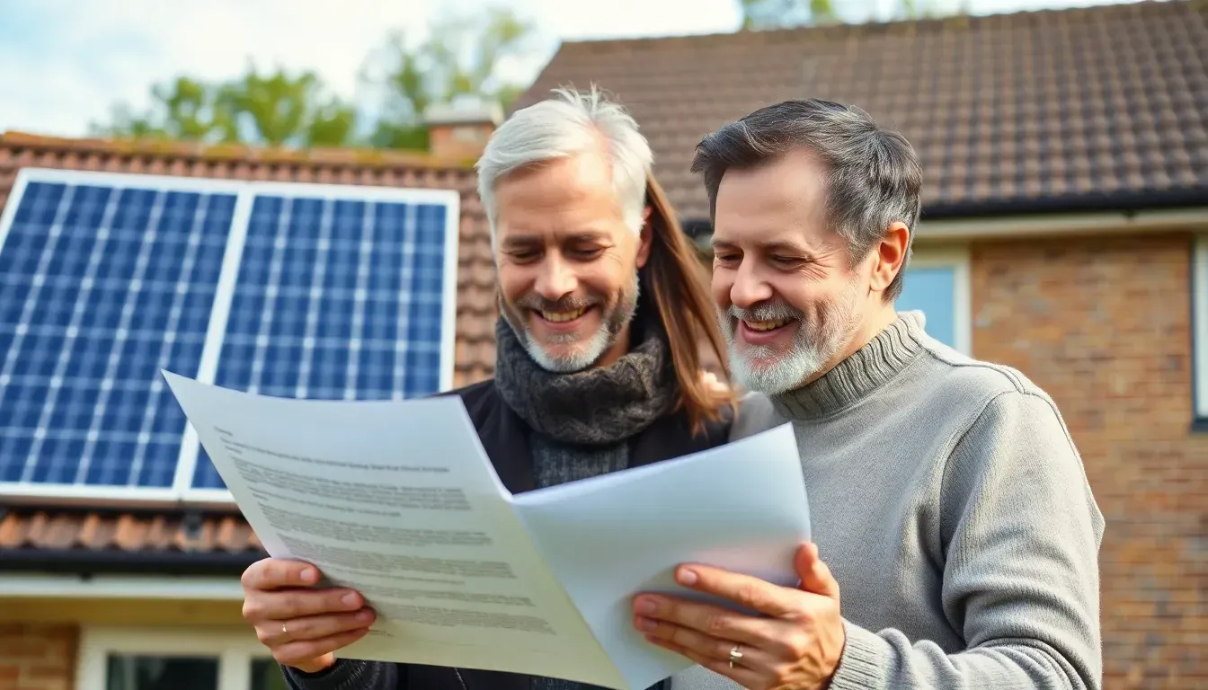Homeowner reading a grant funding letter beside solar panels on a UK house roof