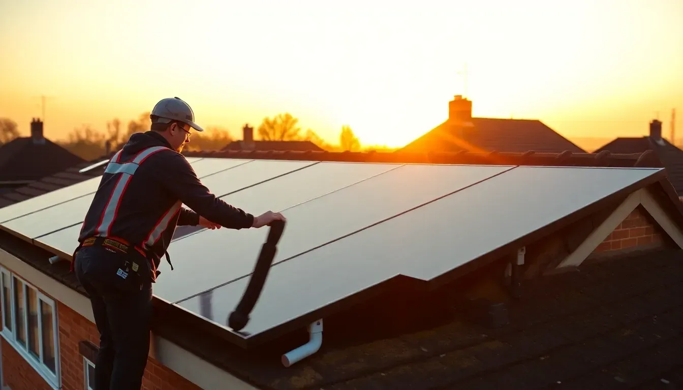 MCS-certified installer fitting solar panels on a UK home roof at golden hour
