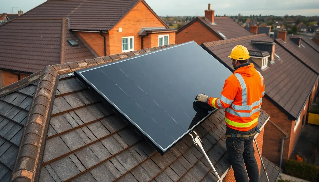 Installer in workwear fitting a black solar panel to mounting rails on a UK slate roof