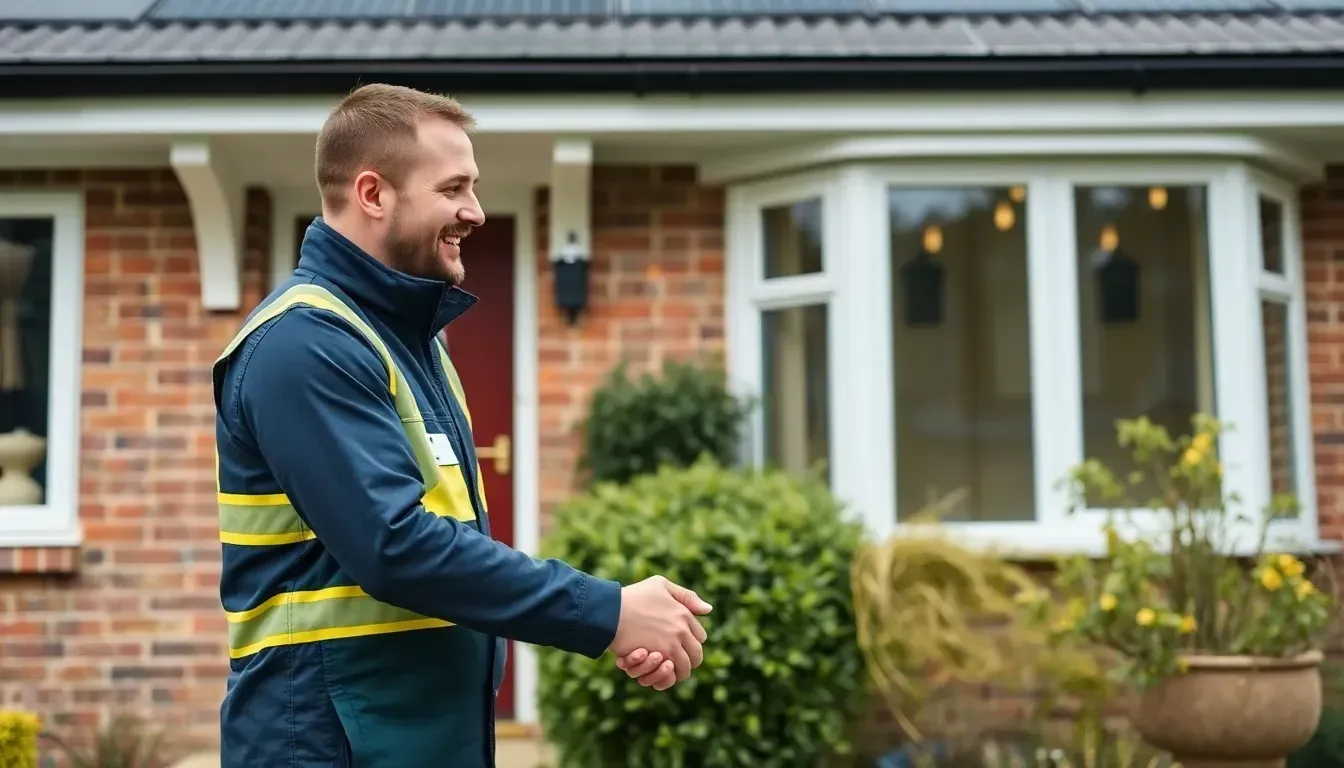 MCS-certified solar installer shaking hands with a homeowner outside a UK house