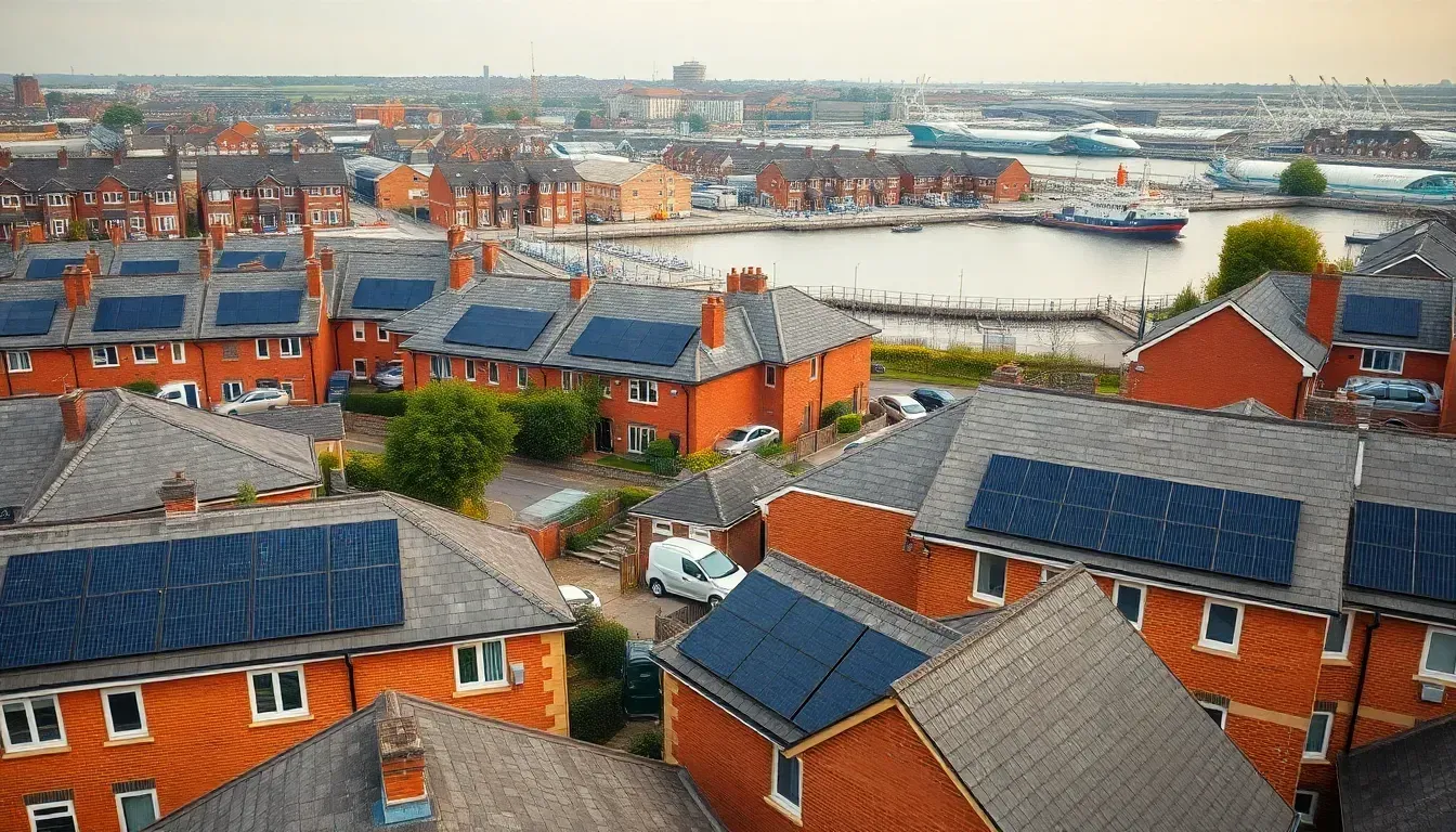Rooftops with solar panels in Liverpool, near the Royal Albert Dock and the Liverpool waterfront
