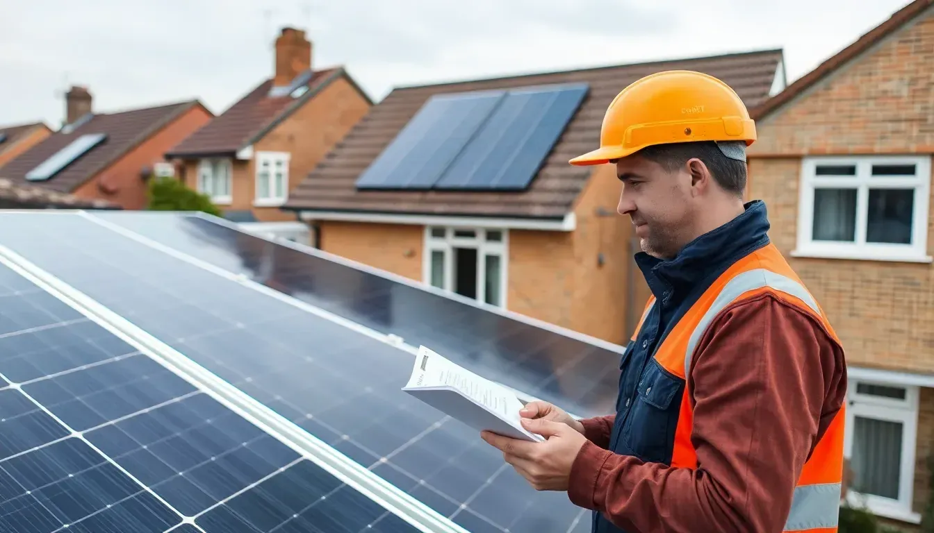 Technician inspecting rooftop solar panels on a UK home with a checklist