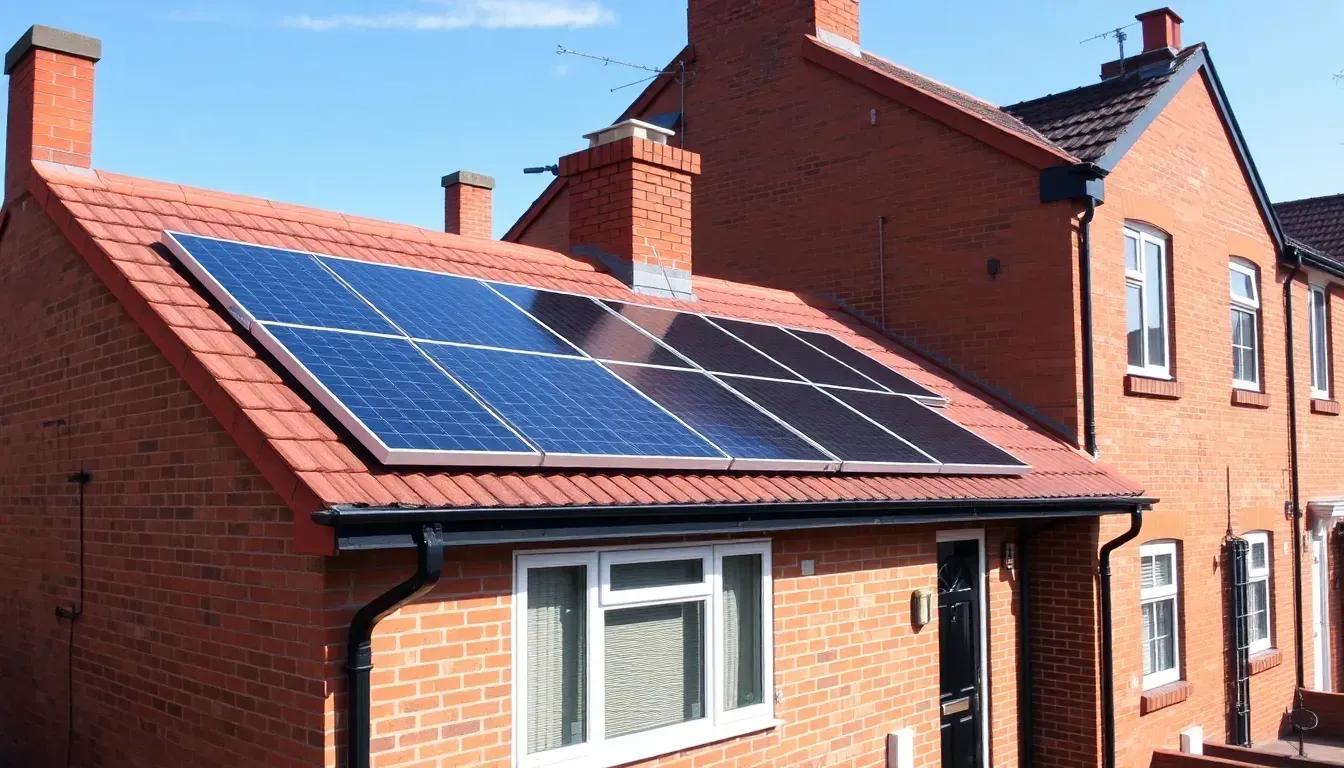Rooftops with solar panels in Manchester, near the Beetham Tower and Manchester's red-brick terraces