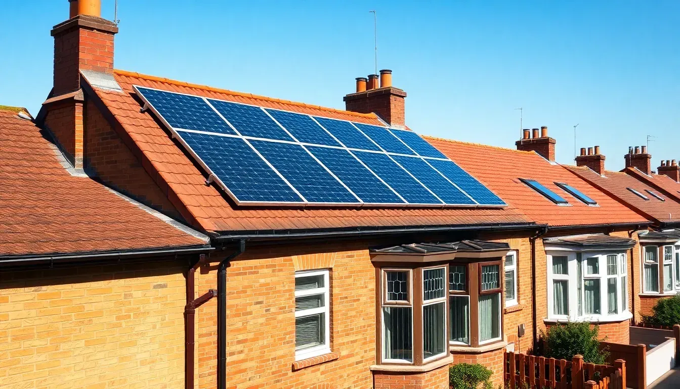 Rooftops with solar panels in Nottingham, near Nottingham Castle and the city's Victorian terraces