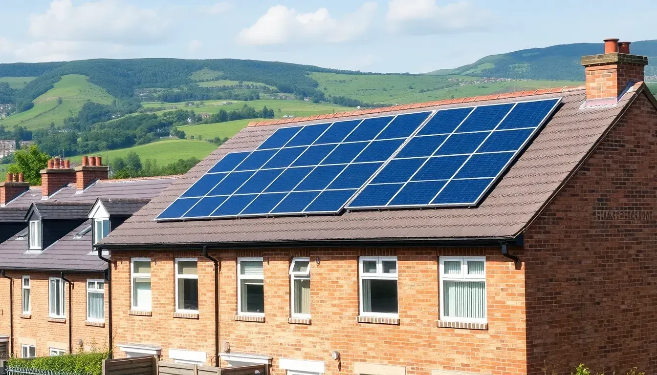 Rooftops with solar panels in Sheffield, near Sheffield's seven hills on the edge of the Peak District